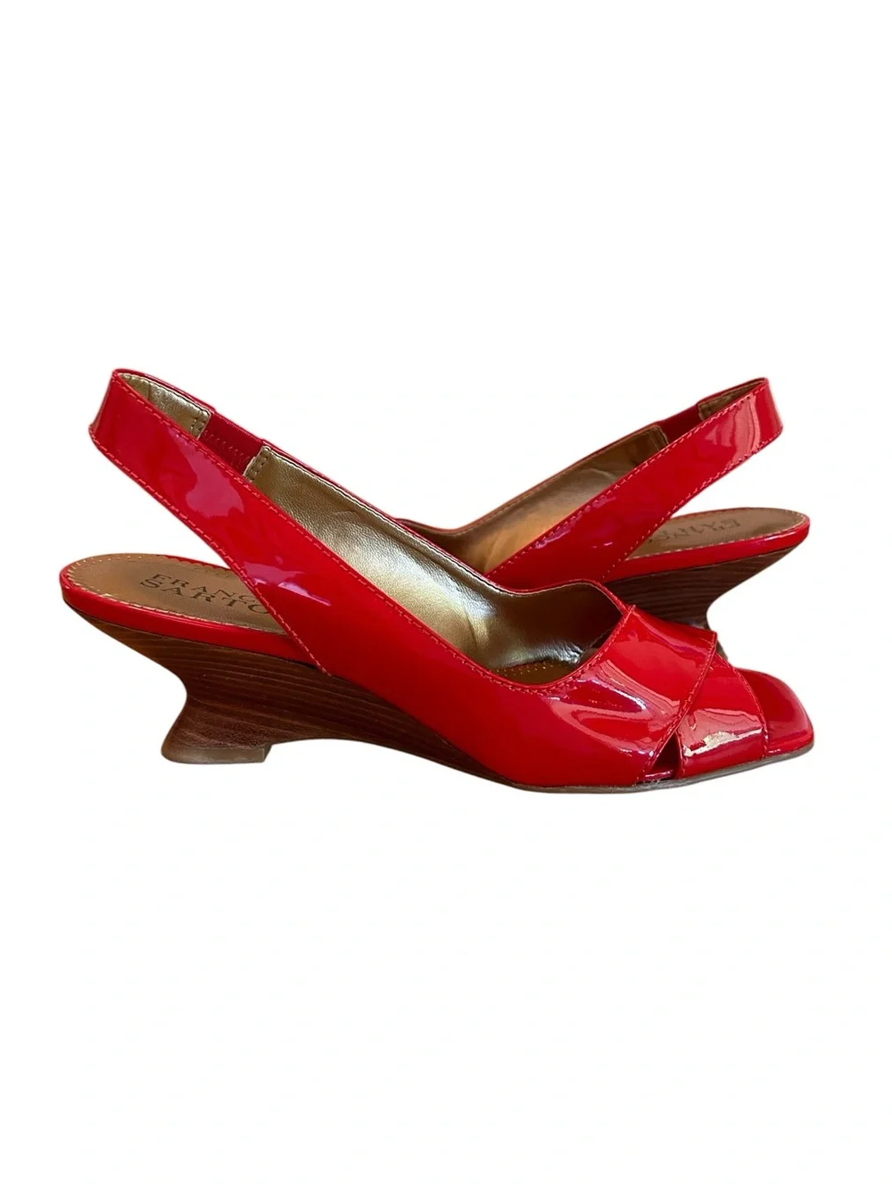 Franco Sarto Slim Wedge Red Patent Slingback Peep-toe Sculptural Heel 8 1/2